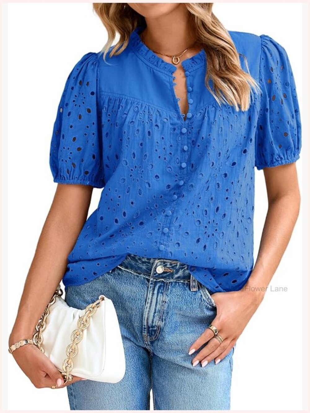 Casual Eyelet Embroidered Short Puff Sleeve Blouse Dressy Shirt